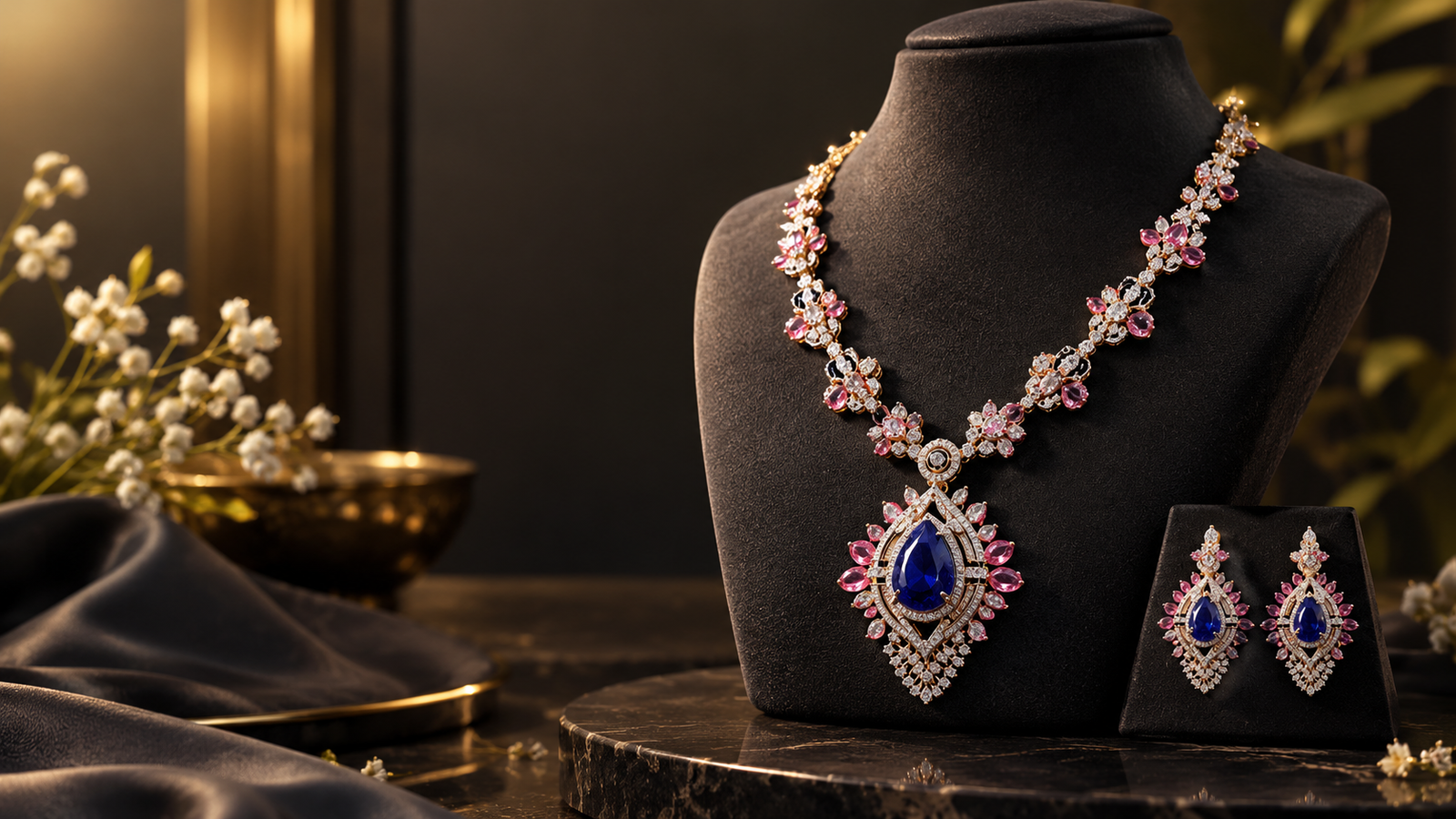 Statement necklace with a blue gemstone and pink accents