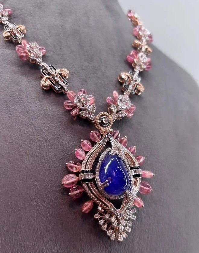 Blue gemstone statement necklace with pink stones